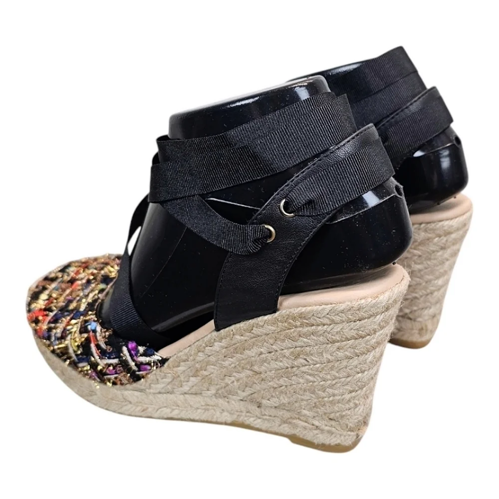 NEW! L.K. Bennett Tianna Black Tweed Espadrille Wedges Sz 37 7 Ankle Tie Preppy